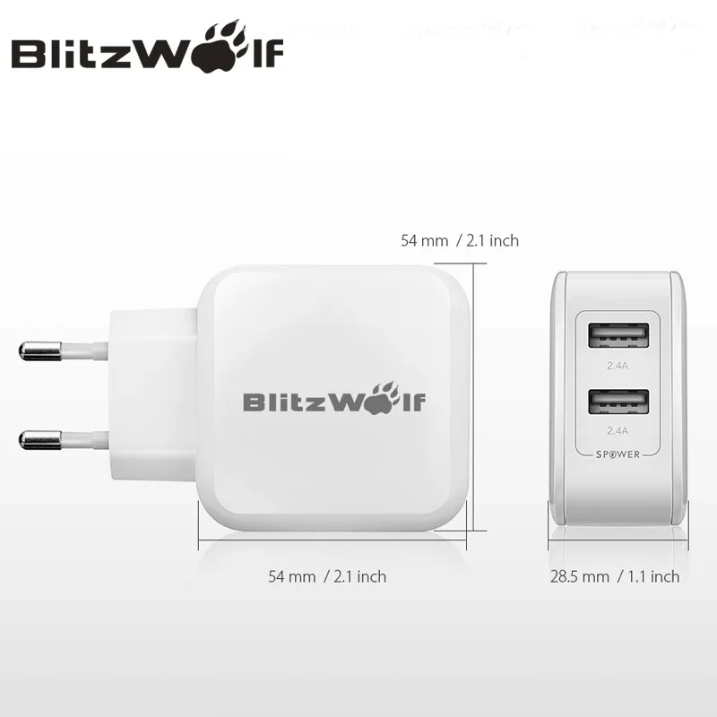 Зарядное устройство BlitzWolf на 2 порта USB для путешествия Мобильное Адаптер