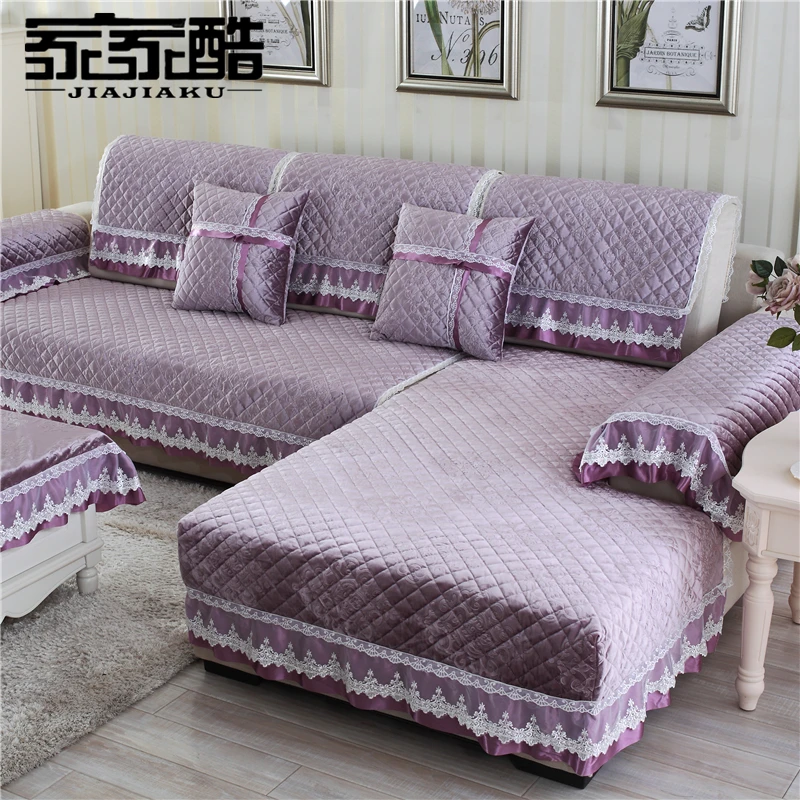

JIAJIAKU Brand Plush Leather Sofa Cover Factory Customized 18cm Lace Edge Fabric Velvet Plaid Quilted Mat Slipcover Couch Slips