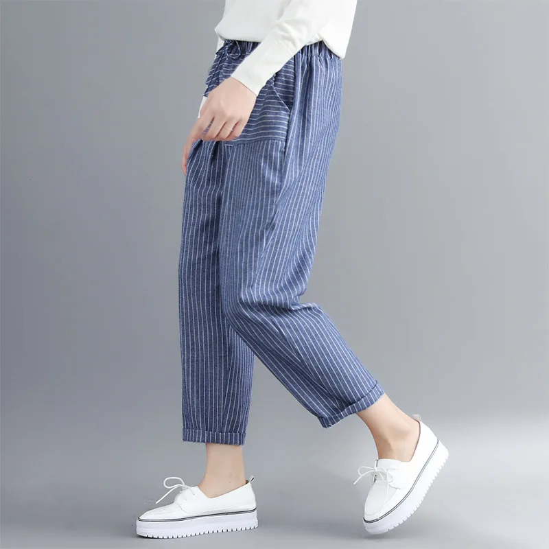

Johnature 2019Spring Autumn New Elastic Mid Waist Tie Loose Striped Pants Casual Women 2 Colors Ankle-Length Harem Pants