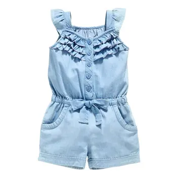 

Kids Girls Clothing Rompers Denim Blue Cotton Washed Jeans Sleeveless Bow Jumpsuits 0-5Year