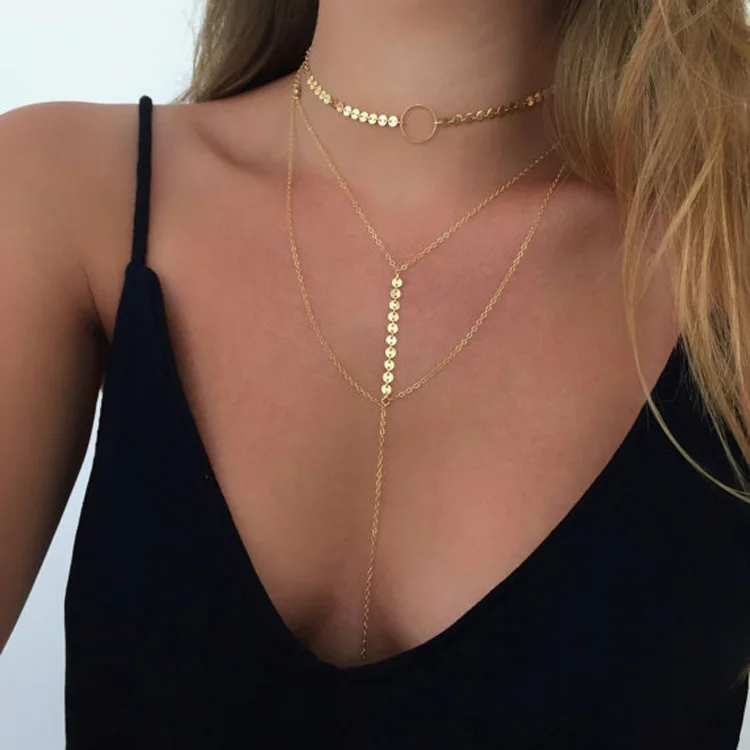 

11.11 Sales! Simple Gold Chain Necklace Multilayers Necklace Sequins Fringe Necklace Women Body Necklace