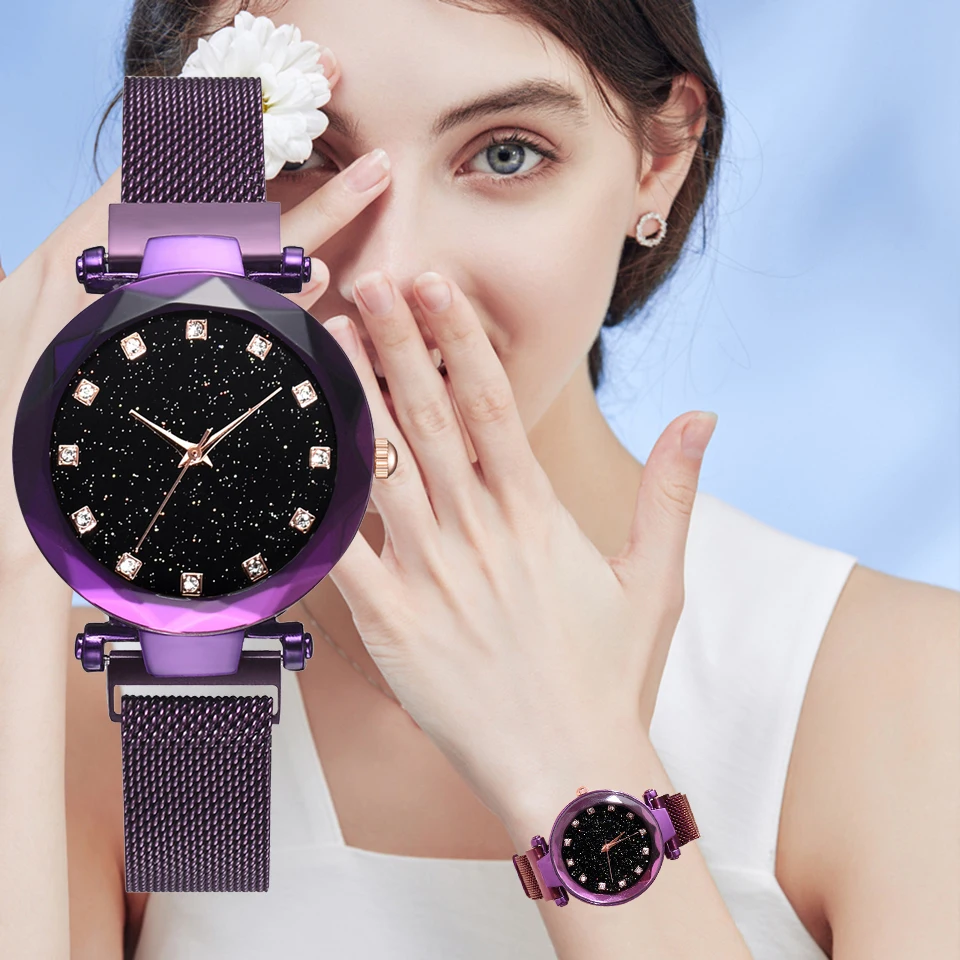 Top Brand Luxury Bracelet Watches For Women Charm Purple Magnet Buckle Starry Diamond Geometric Surface Ladies Wrist Watch Gift Top Brand Luxury Bracelet Watches For Women Charm Purple Magnet Buckle Starry Diamond Geometric Surface Ladies Wrist Watch Gift