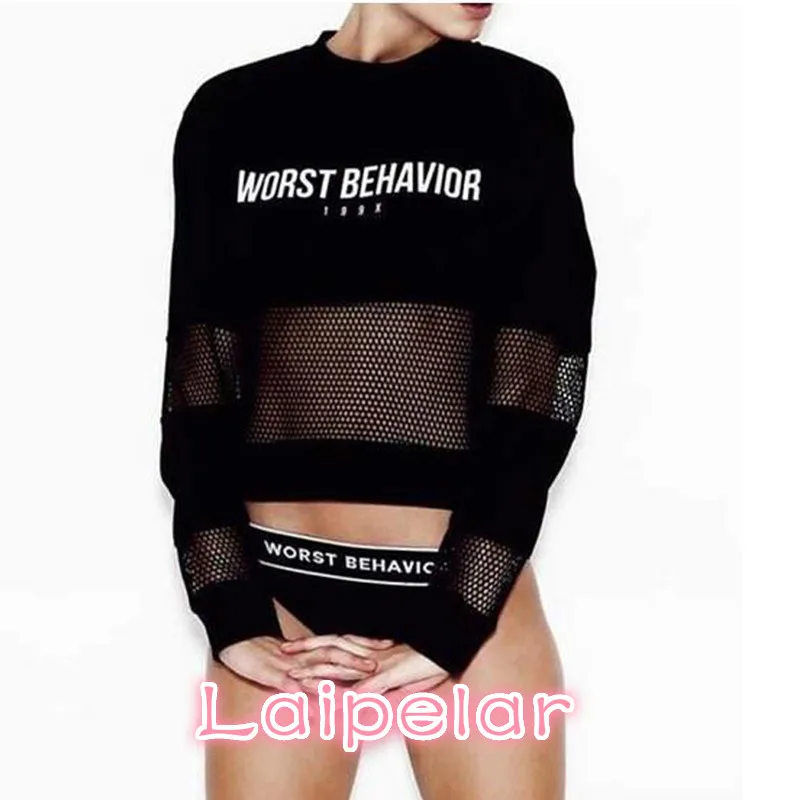 

Laipelar Women Long Sleeve Short Pullovers Hoodies 2018 New Casual Crop Tops Sexy Mesh Patchwork Sweatshirts Punk Streetwear