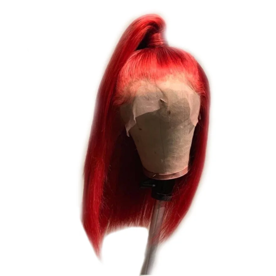 

Remy Lace Front Human Hair Wigs Red Color Short Cut Bob Style Brazilian Straight Human Hair Wigs 130% Density