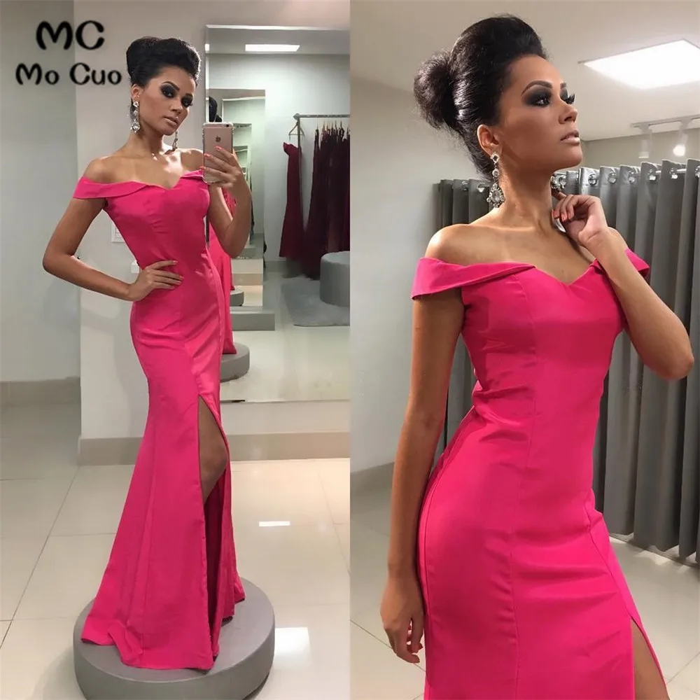 V-neck Off Shoulder Long Satin Mermaid Empire Waistline Prom Dresses (1)