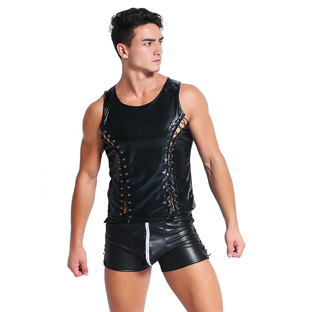 

Men's Night Vest Men Sexy Lingerie Faux Leather Solid Color Black Male Exotic Tanks Tops Underwear Slim Gay Wear