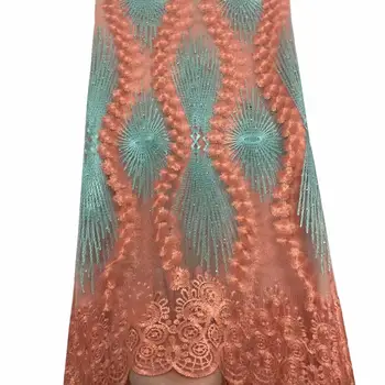 

2019 french net lace fabric with stones embroidered lace peach african tulle lace fabric high quality for dress YYZ5986