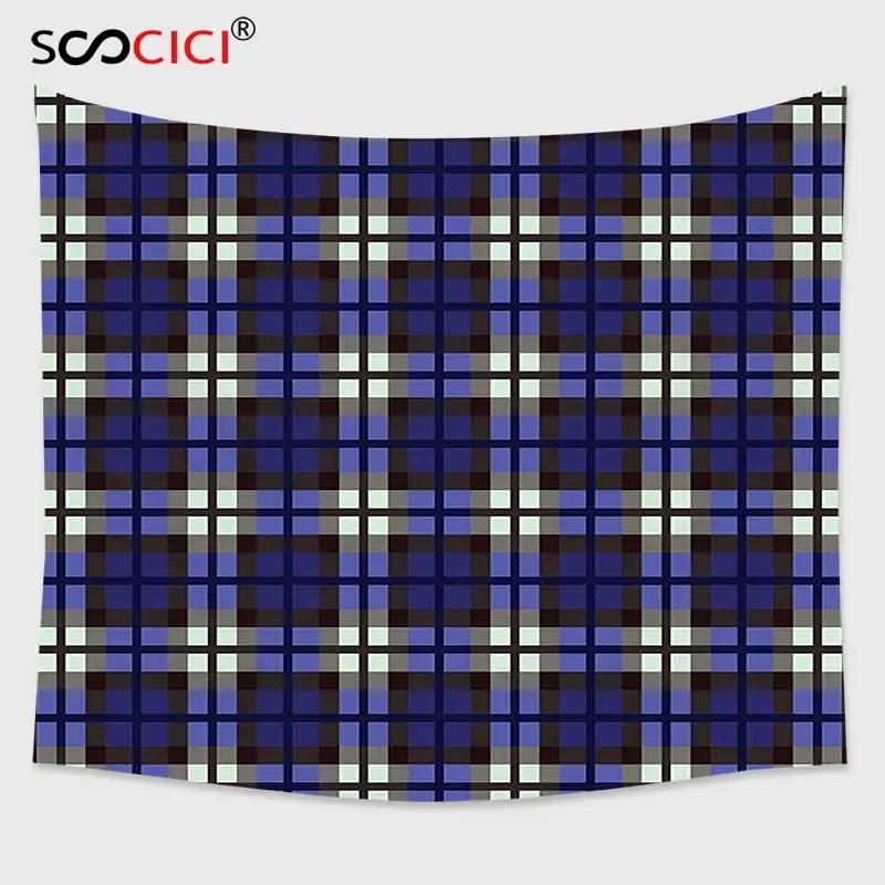 

Cutom Tapestry Wall Hanging,Navy Blue Decor Scottish Themed Kilt Skirt Pattern Squares Checkers Design White Blue Grey and Black