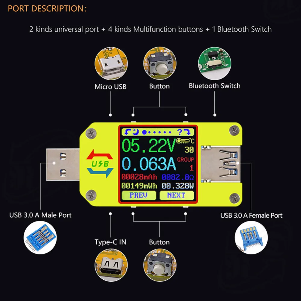 UM34 UM34C Для APP USB 3,0 Тип-C DC Вольтметр Амперметр Напряжение измеритель тока, для батареи зарядки измерения Кабельный тестер сопротивления