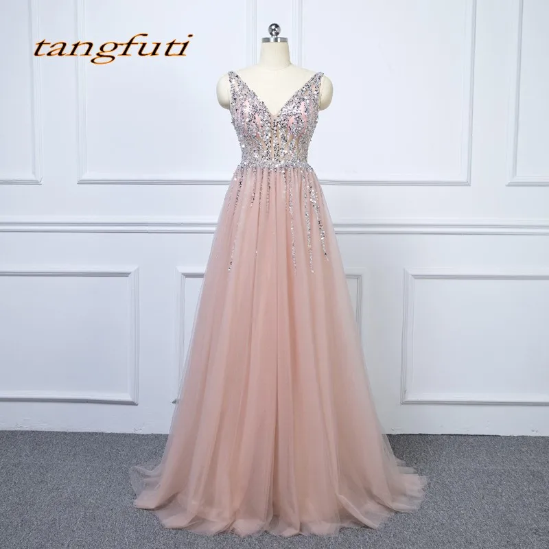 

Luxury Crystal Long Evening Dresses Party Tulle Beaded Beautiful V Neck Women Prom Formal Evening Gowns Dresses On Sale 2018