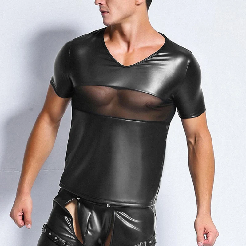 Мужская Готическая рубашка из искусственной кожи с коротким рукавом, Клубная одежда, сценический костюм, Мужская сетчатая облегающая футболка