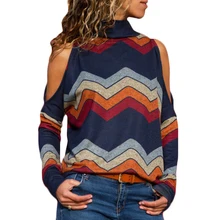 Sexy Cold Shoulder Women Blouse Turtleneck Knitted Top Jumper Pullover Print Long Sleeve Female Shirt Blusas Camisas Mujer 2019 banana leaf print cold shoulder top