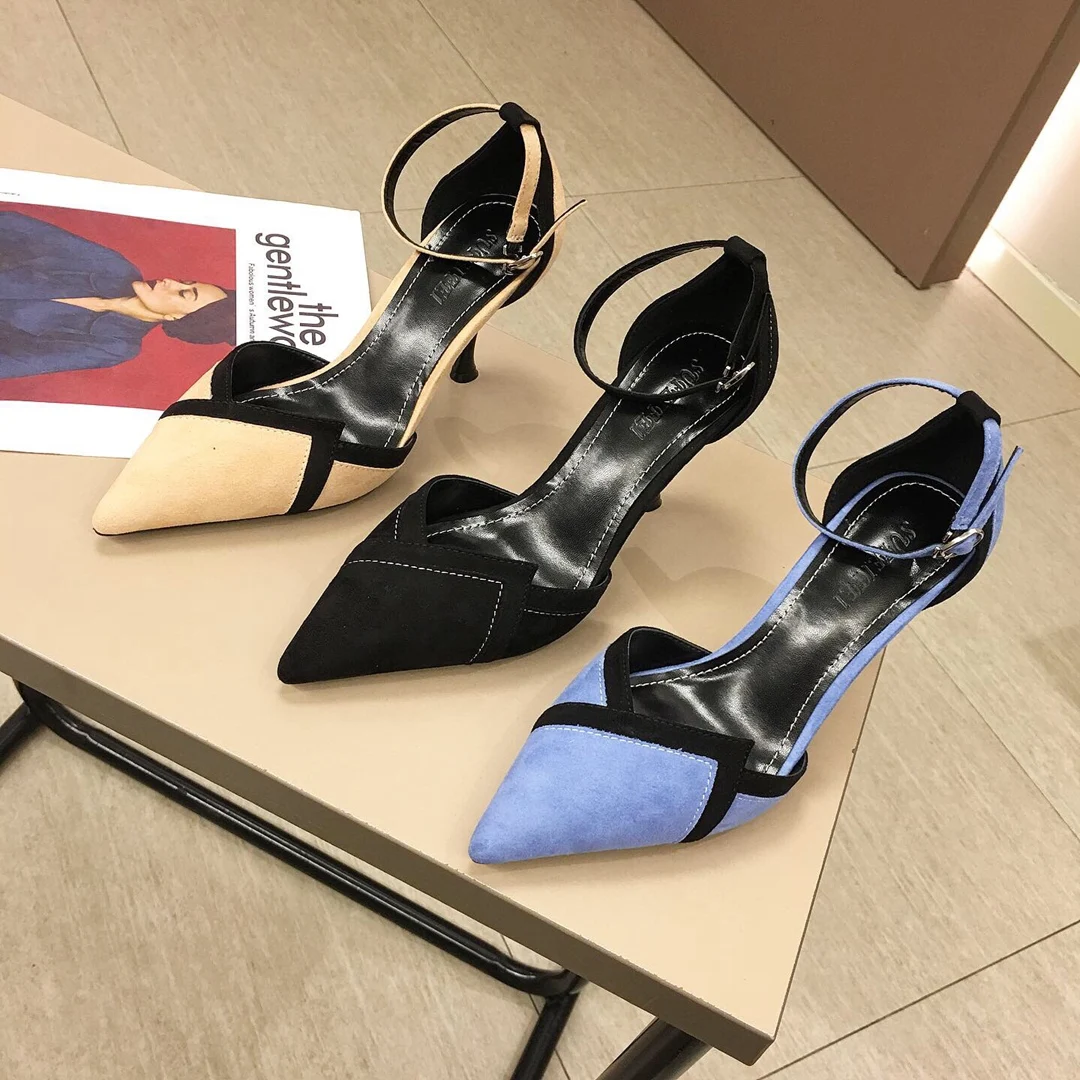 

Shoes Woman Pumps Thin High Heels Shoes 2019 Flock Pointed Toe Sexy Ladies Pumps Party Ankle Straps Dress Wedding Shoes Pink 8CM