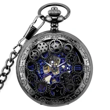 Механические карманные часы из черной стали в стиле стимпанк, винтажные аналоговые скелетоны, механические карманные часы с ручным заводом