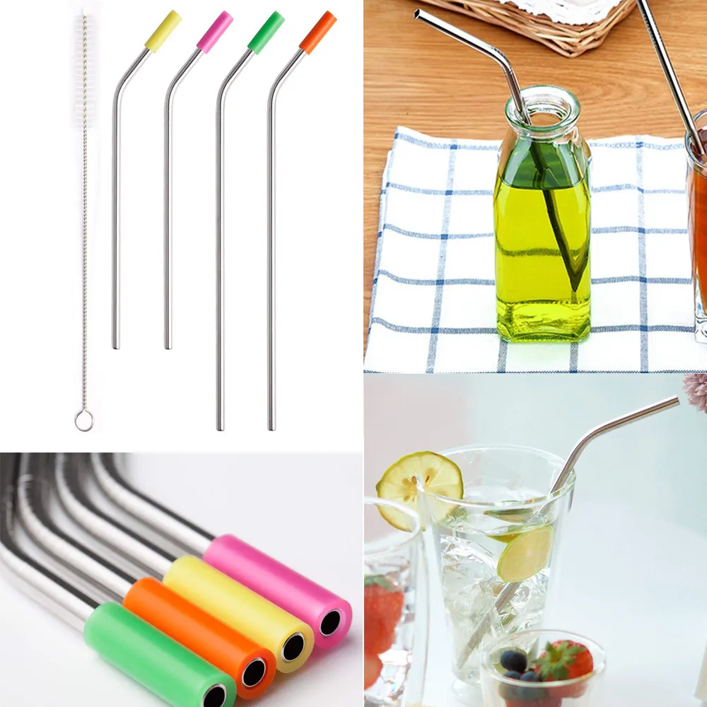 

4Pcs/Set Reusable Stainless Steel Drinking Straws Set With Silicone Tips And Cleaning Brush Metal Straws For Tumbler L4