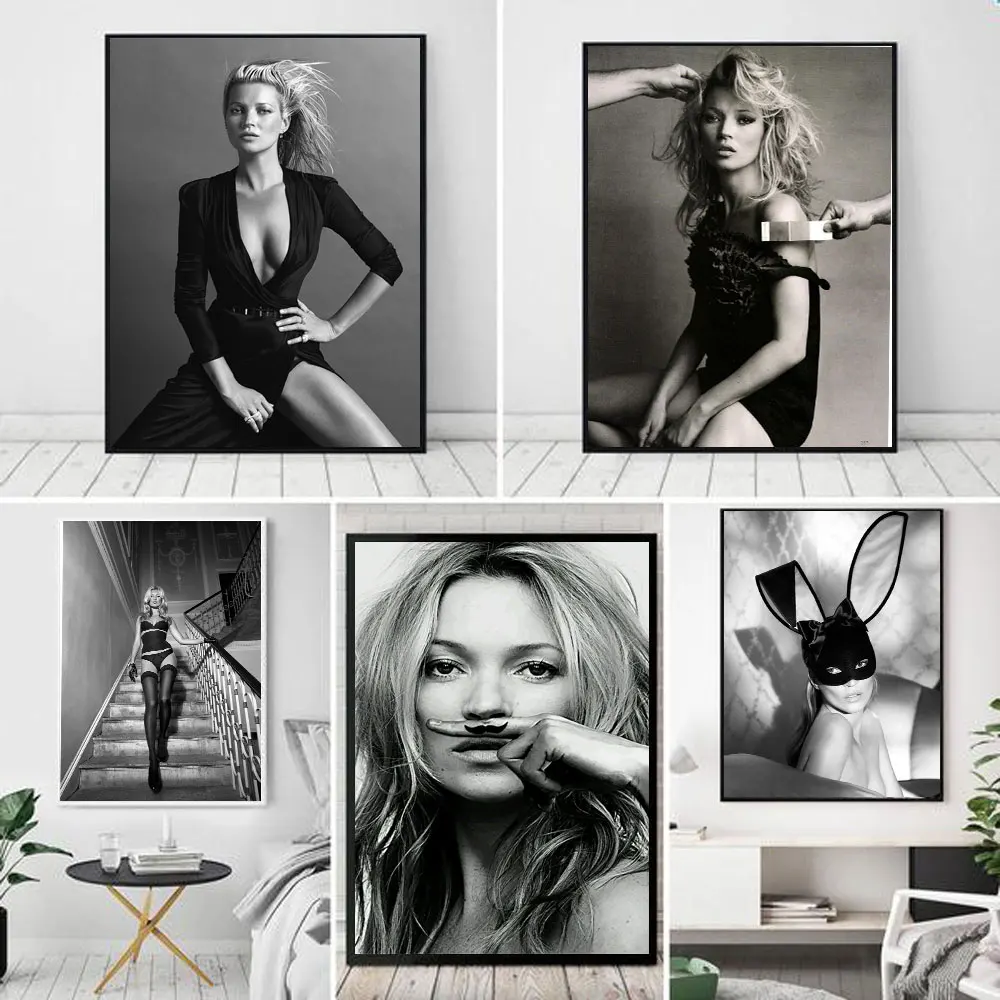 

Kate Moss Moustache Fashion Poster Canvas Art Prints Supermodel Woman Portrait Prints A4 Wall Art Pictures For Living Room Decor