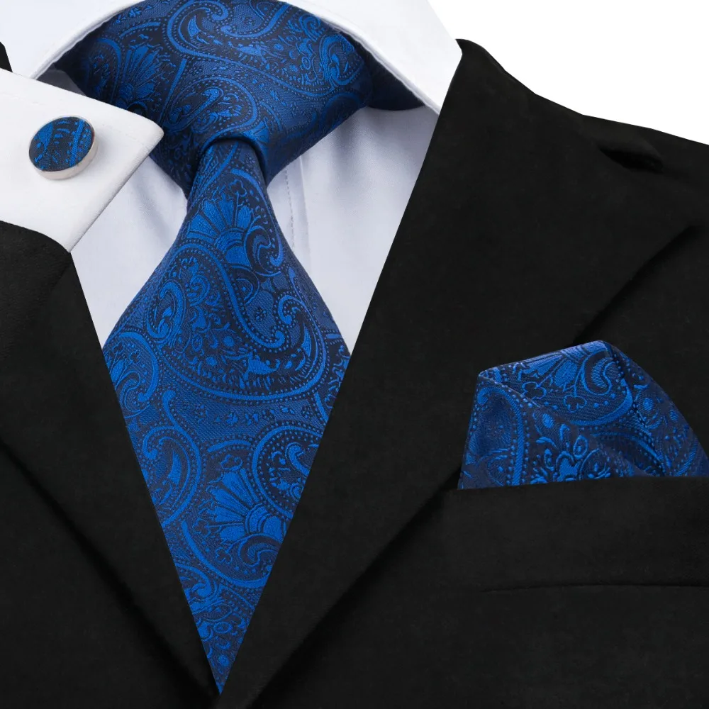 Hi-Tie Luxury Silk Paisley Ties Set Blue Black Grey Neck Wear Tie Handkerchief Cufflinks Set Fashion Male Gravatas for Men Ties