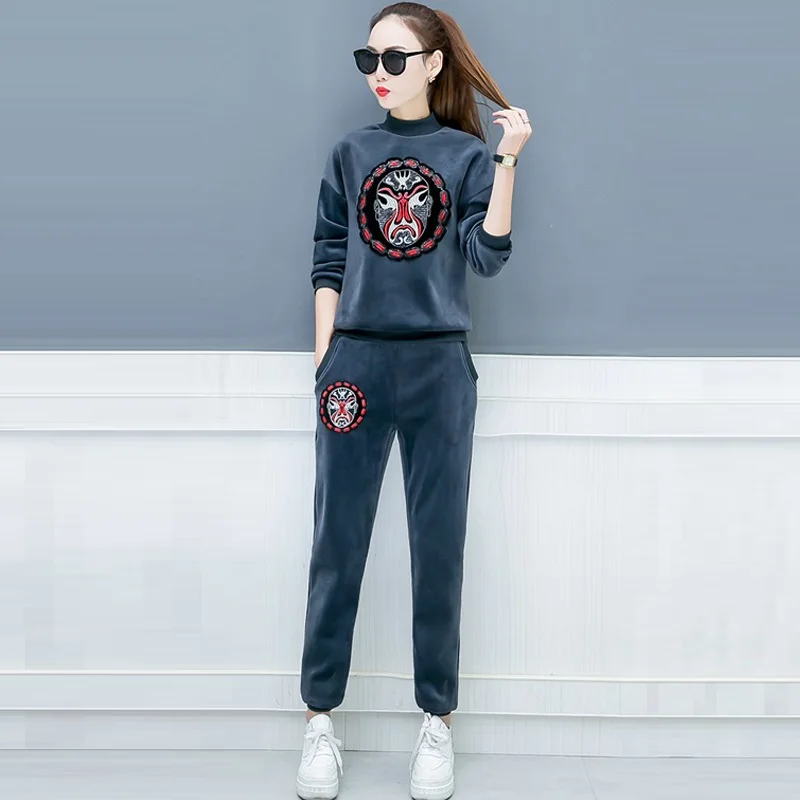 

Tracksuit Women Velvet Pant Sets Winter 2 Piece Set Women Embroidery thickened turtleneck Pullovers Sweater Warm Pant Suits