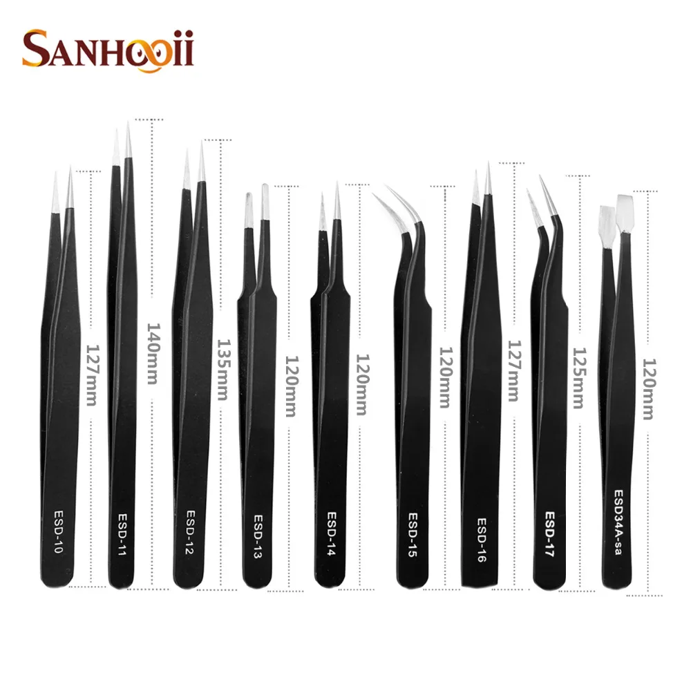 Sanhooii 9PCS ESD Stainless Steel Tweezers Kit Precision Anti-static Maintenance Tools for Electronics Jewelry Phone Repairing