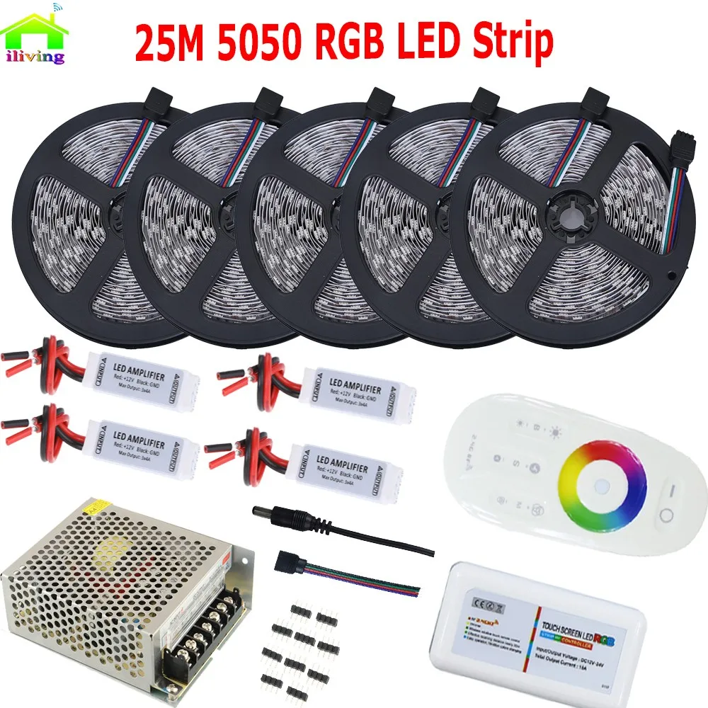 25 м 20 RGB светодиодные ленты 5050 полный цвет гибкий свет клейкие водостойкие 2.4g беспроводное устройство РФ дистанционного диммер контроллер
