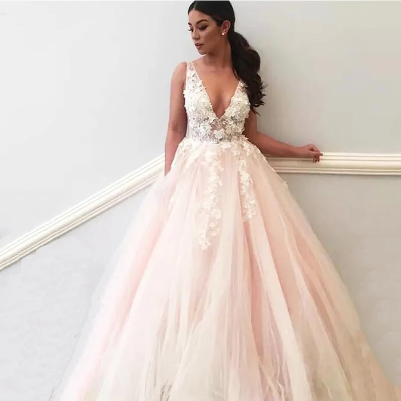 

Elegant Women Evening Party Dress Long 2018 Plunging 3D Flowers Light Pink Formal Crystal Bling Prom Dresses Evening Gowns