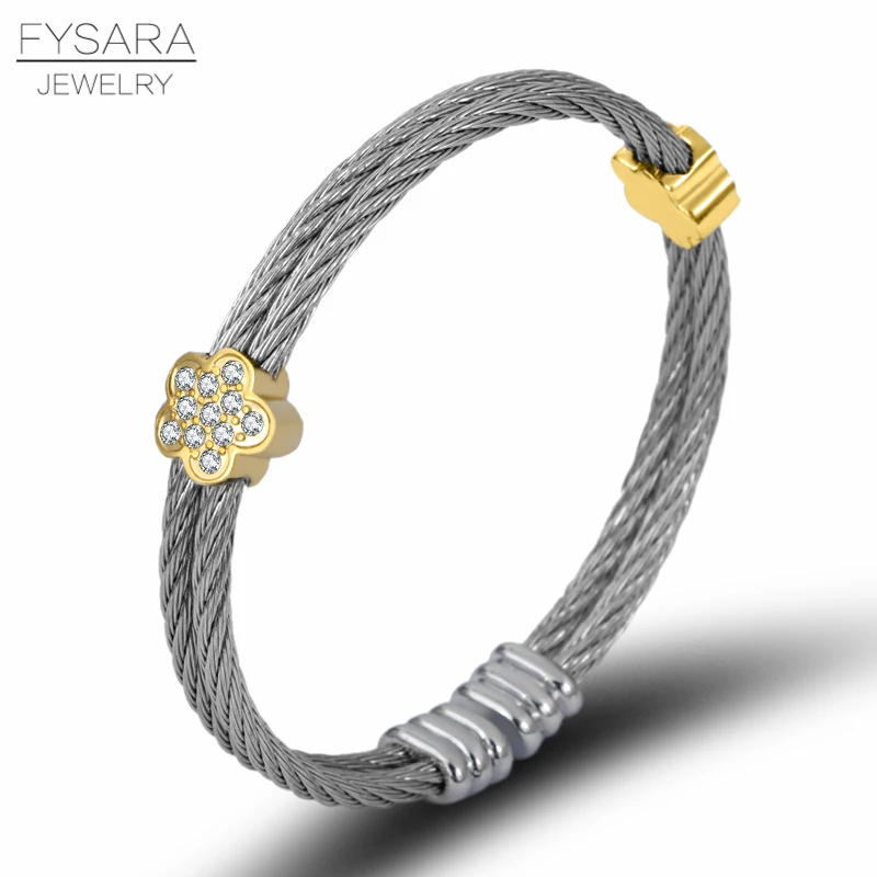 

FYSARA Female Charming Silver Cable Wire Bracelets Women Party Flower Crystals Twist Pulseiras Stainless Steel Wedding Jewelry