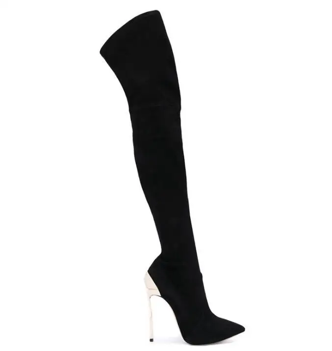 

Moraima Snc Black Suede Pointed Toe High Heel Boots for Woman Sexy Thin Heels Over the Knee Boots Lady Thigh High Boots