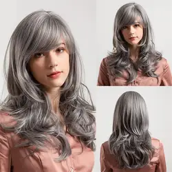 Мода горячей серый Многослойные Длинные вьющиеся кудрявые волосы Парики Природный синтетический парик Дамская мода натуральные парики