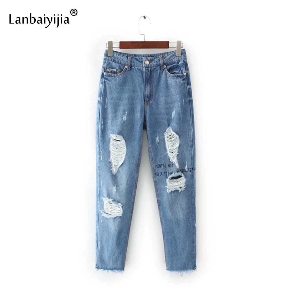 Lanbaiyijia Europe America new Women Jeans Print Letters Tassel Hole Ankle-Length Pants Loose Straight S-XL | Женская одежда