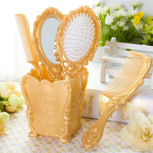 Retro Royal Women Dressing Table Mirror Combs Flroal Paddle Massage