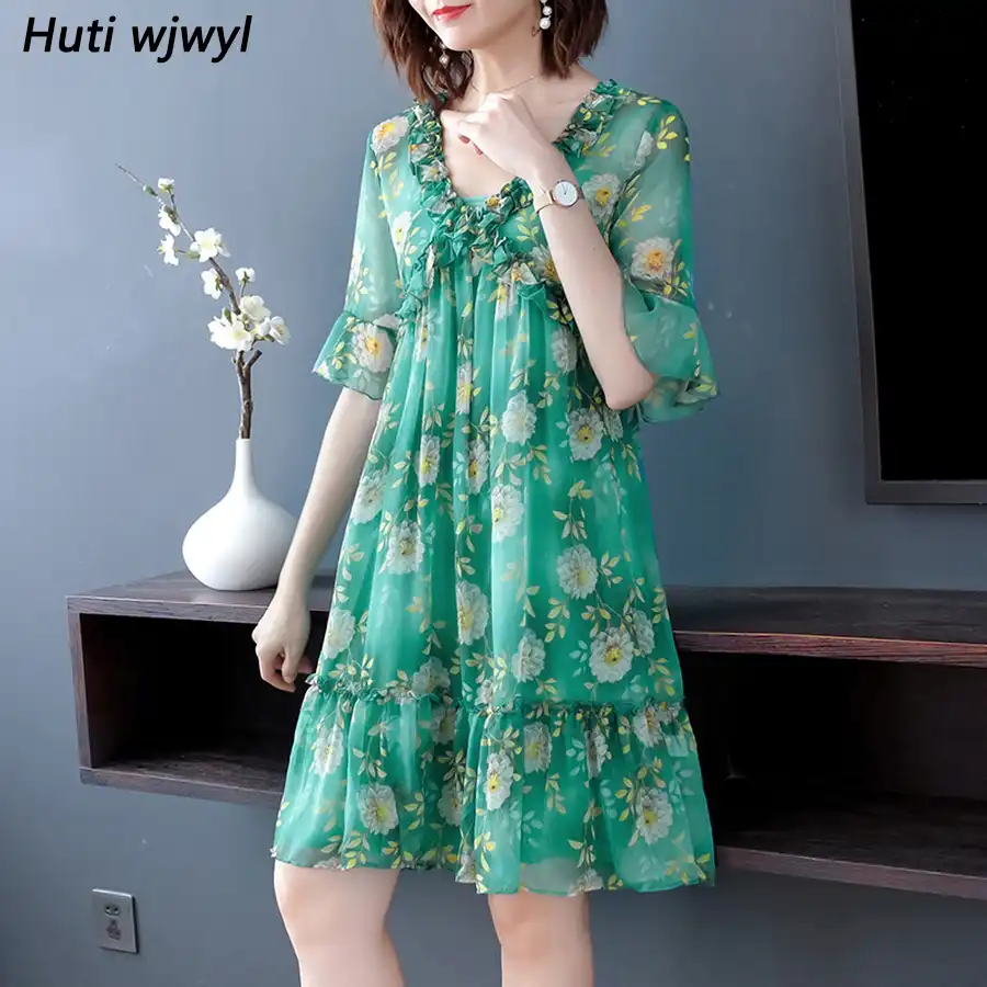 green floral chiffon dress