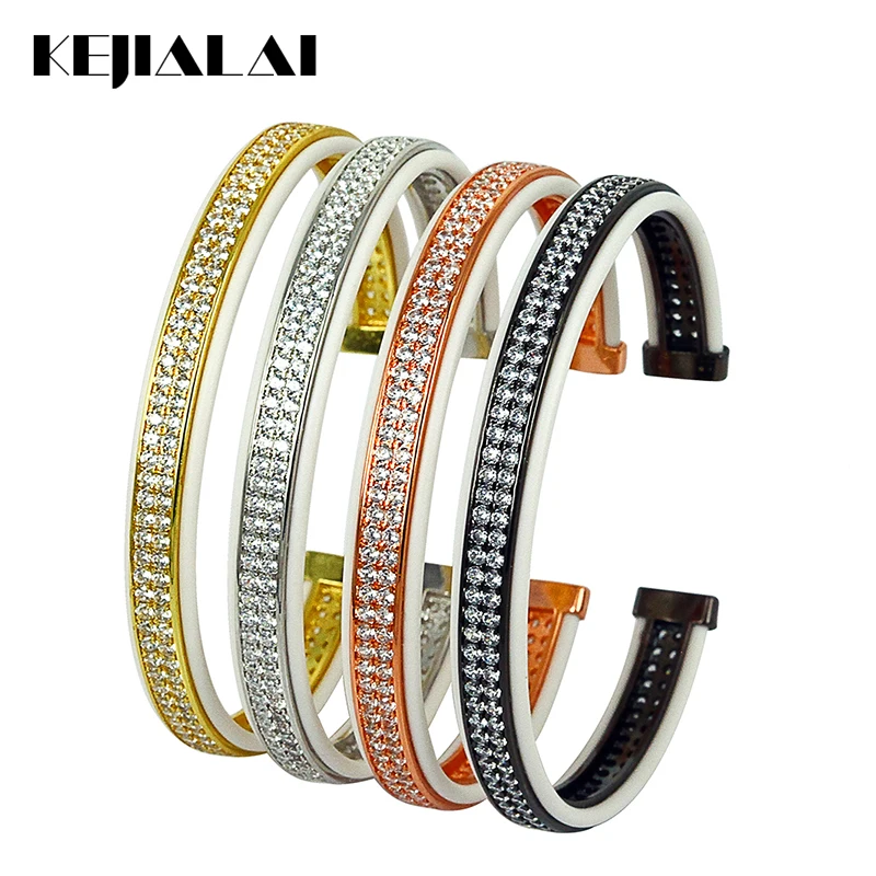 

Fashion Open Cuff Bangle for Men White Leather with Two Lines Clear Zircon Luxury Jewelry Bangles Bracelets for Women Best Gift