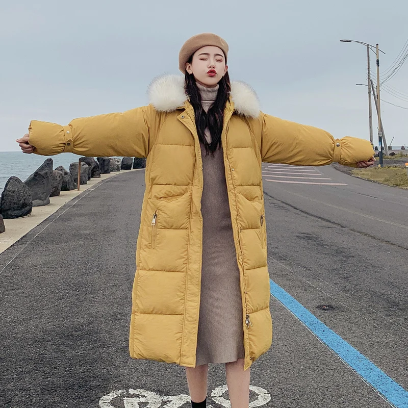 KUYOMENS New Female Winter Coat With Fur Hood Women Outwear Medium-Long Wadded Jacket Thick Hooded Cotton Fleece Warm Park