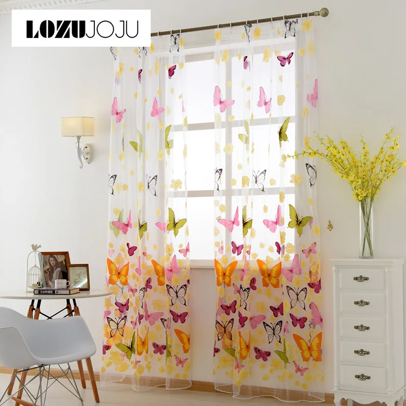 

LOZUJOJU Rustic romantic window screening customize finished products balcony butterflies tulle curtain panel free shipping