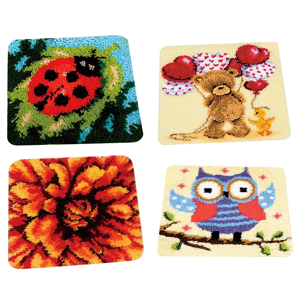 DIY Latch Hook Kit Rug Cushion Ladybug Flower Owl Bear Pillow Mat Needlework Crocheting Rug Embroidery for Beginners