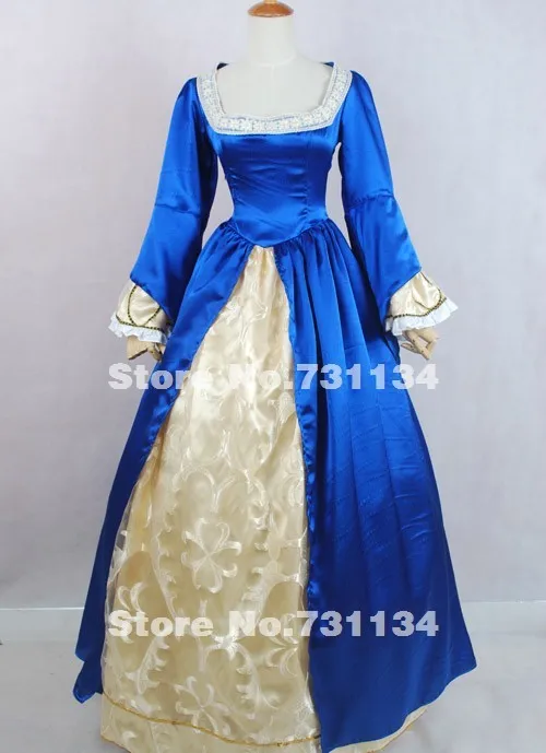 Элегантный синий Длинные рукава викторианской бальные платья Southern Belle Гражданская война в викторианском платья для Хэллоуина