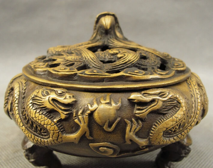 

JP S0608 Chinese Bronze Fly Dragon Lion Head Statue 3 Foot Box Incense Burner Censer B0403