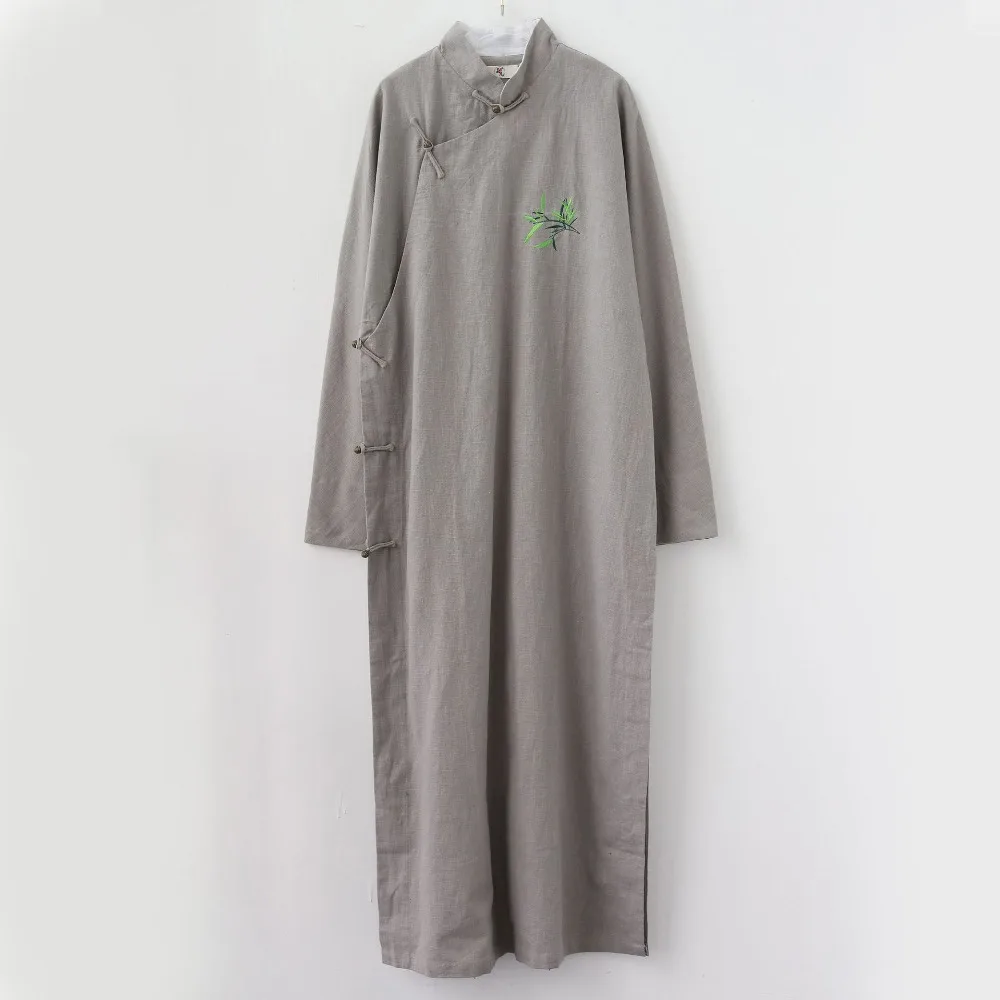 LZJN Chinese Men Classic Master Clothing X-Long Linen Trench Robe Gown Coat Two Side Slit Kung Fu Tai Chi Traditional Outfit (29)