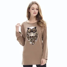 Весенне-осенняя женская рубашка большого размера с принтом Совы и круглым вырезом, женская одежда, топы с длинными рукавами, футболка с животными, черная, Khiki Green