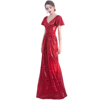 

Women High Quality Sexy V-neck Mermaid Sequin Dress Elegant Dress Summer Bridesmaids Lace Long Party Dress Female 2XL