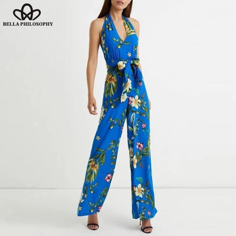 2019 Summer Sexy Halter Boho Jumpsuits Vintage Print Floral Female Lace-Up Playsuits Casual Holiday Lady Beach Rompers Wonder