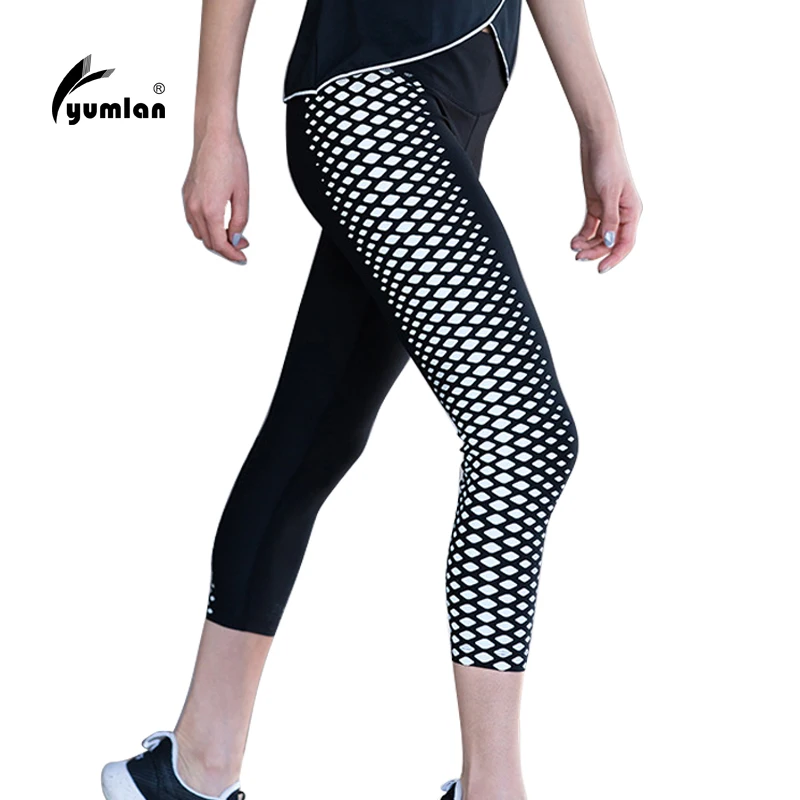 Reflective Sport Leggings Cropped Trousers Women Elastic Waist Workout