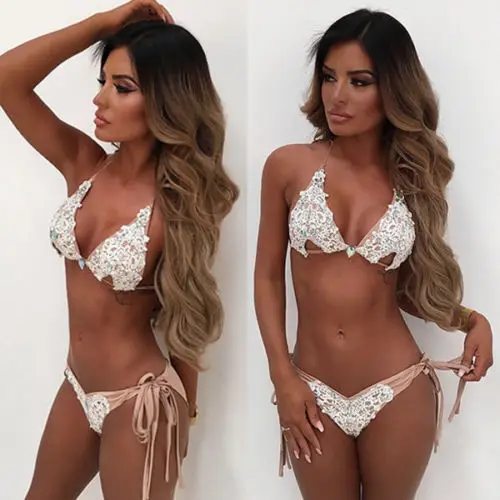 

2019 Newest Sexy Women Bandage Bikini Push-up Padded Bra Swimsuit Lace Diamond Bathing 2pcs Set Swimwear