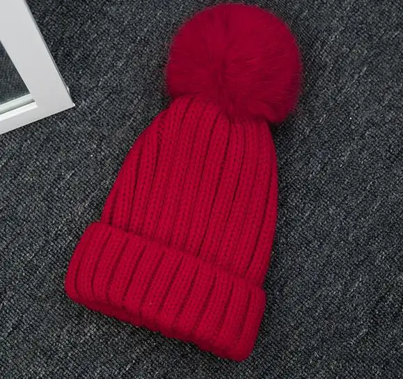 HSPL, шапка из лисьего меха, женская шапка, вязаный свитер, черная шапочка, шапки для зимы, модная теплая шапка, шапка s - Цвет: Red