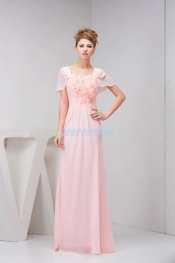 

free shipping 2016 new design hot seller cap sleeve custom size/color evening gown handmade flowers pink plus size evening dress
