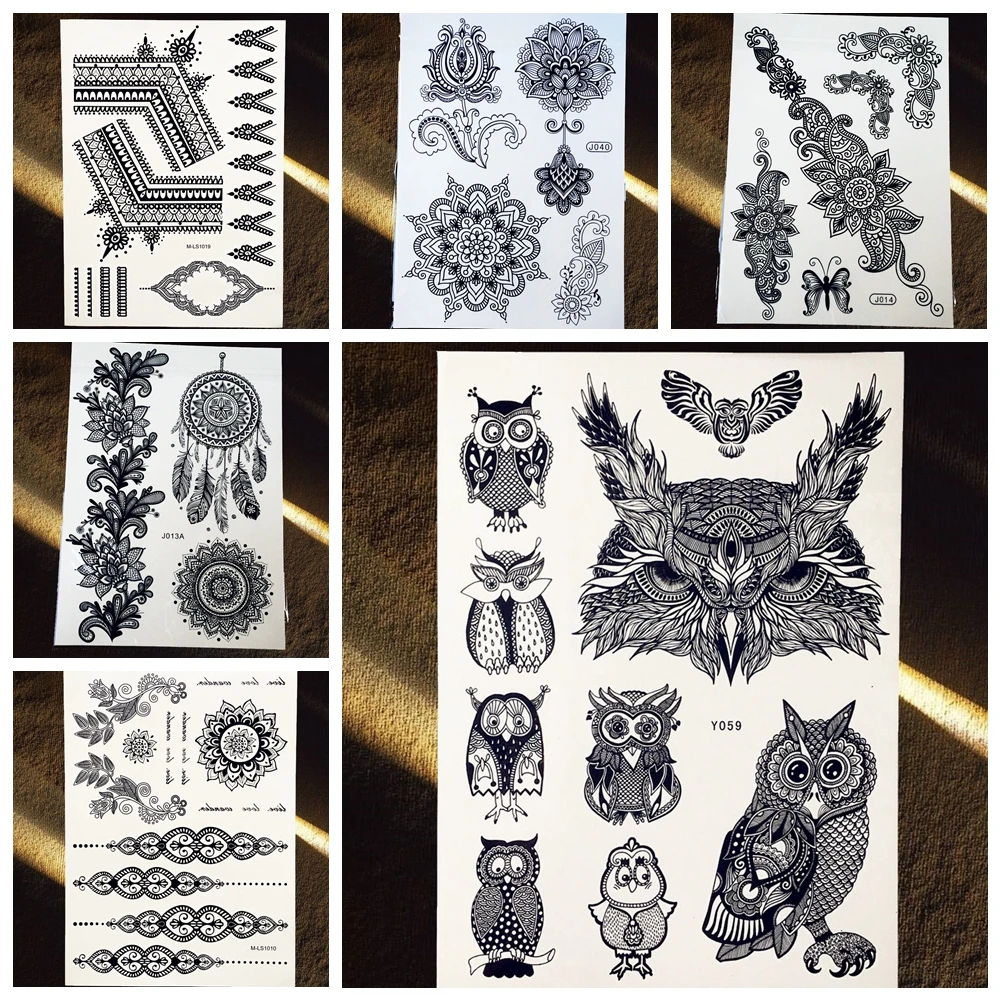 25 Styles Nouveau étanche Faux Noir Henné Tatouages Hiboux