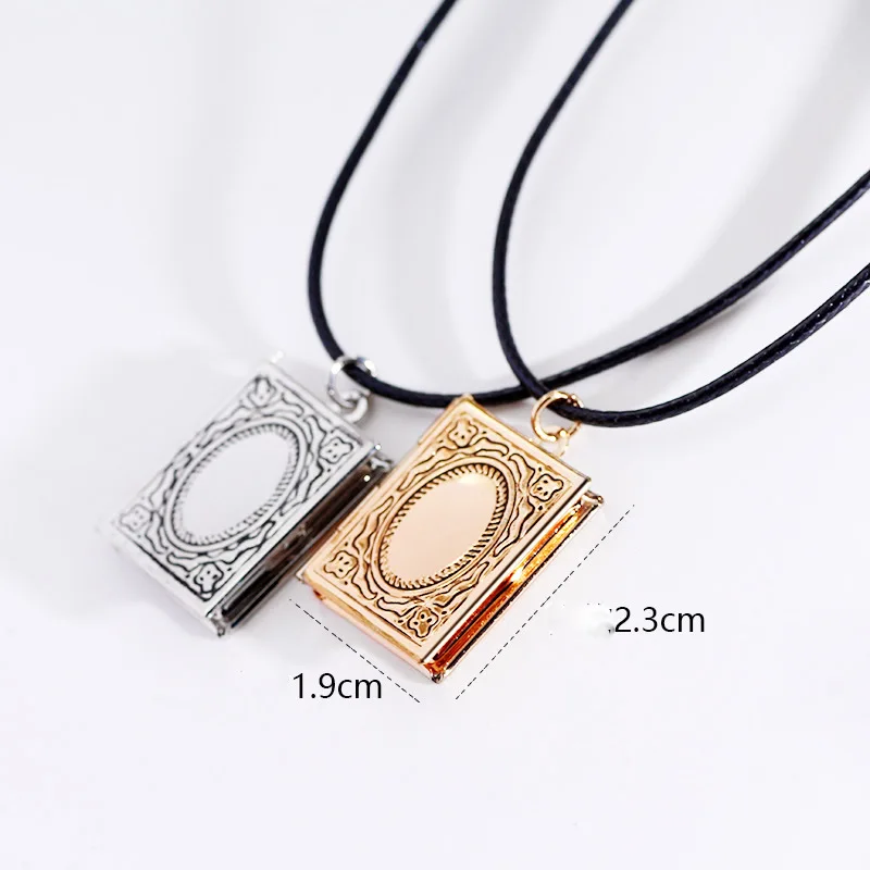 

Women Fashion Locket Choker Necklace Pendant with photo locket can open black leather Cord Book Jewelry best gift