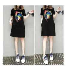 2017 summer women's long embroidery sequins large size rooster loose dress female Retro simple plus size sequins dresses 5xl