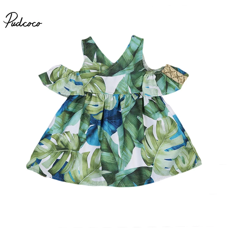 Комплекты одежды для маленьких девочек одежда с открытыми плечами зеленые листья Платье с принтом 2017 повседневная одежда