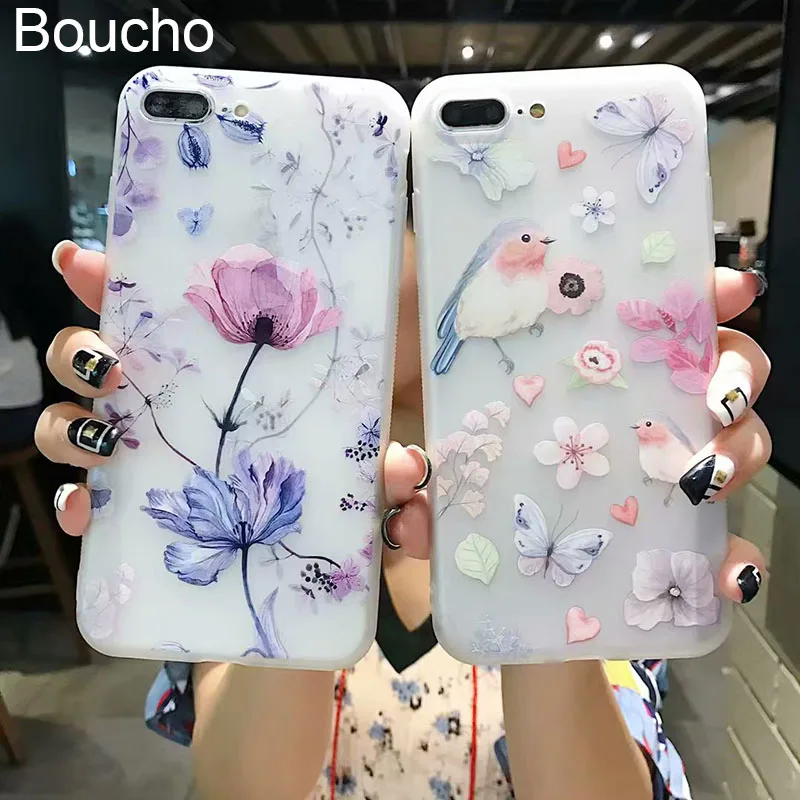 

Boucho Beauty Flowers Phone Case For iphone8 Case For iphone X 6 6S 7 8 Plus Cover Ultra Slim Soft TPU Cases Cute Cartoon Bird